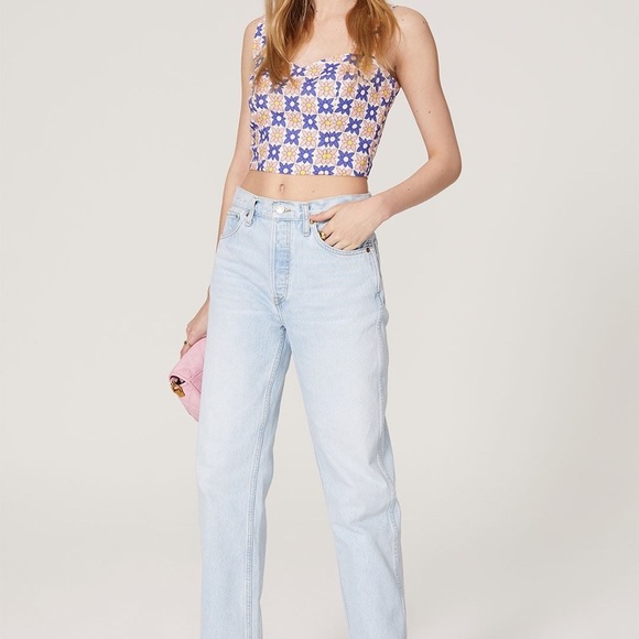 NWOT Nicole Miller Collection Linen Blend Daisy Crop Tank Top Lined, Size L - Picture 3 of 9